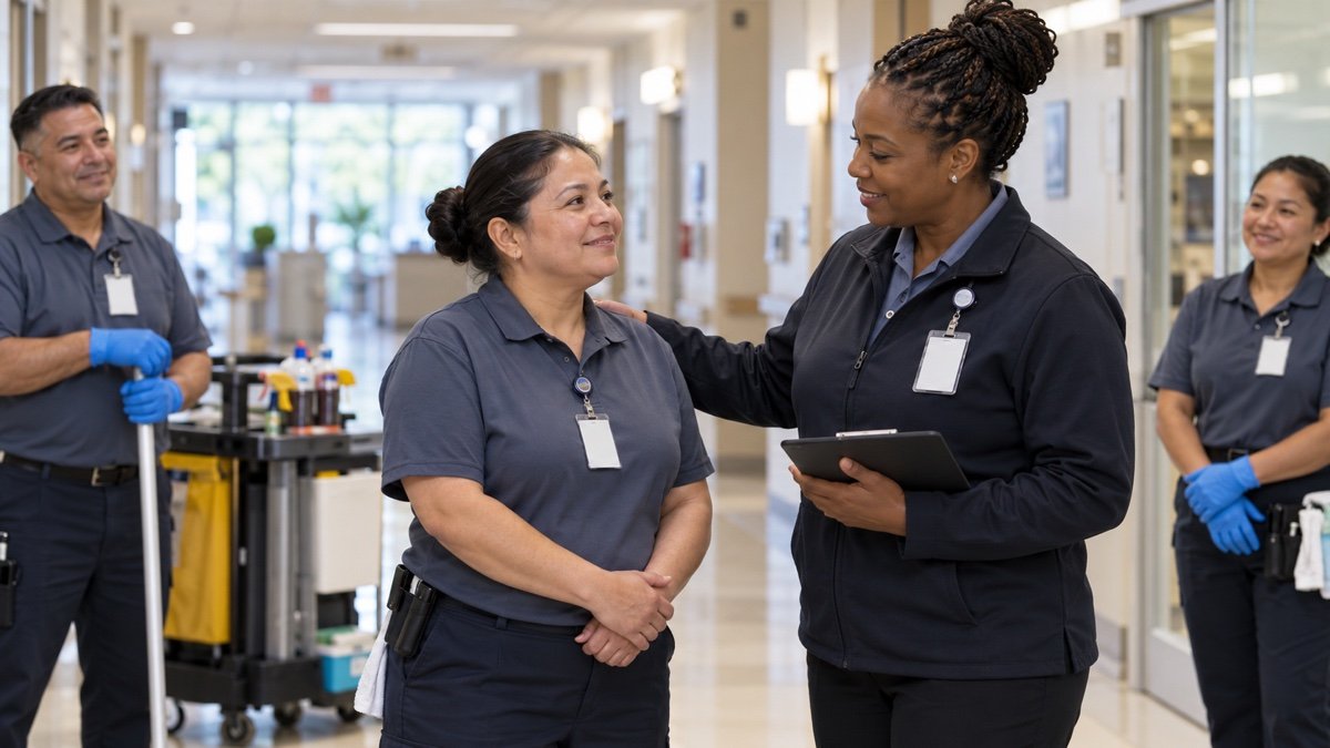 Hospital EVS supervisor thanking a team member during a shift huddle in a hospital hallway